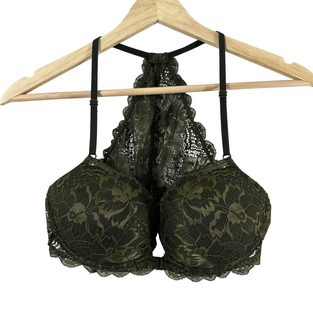 PINK Victoria's Secret Date Racerback Push-Up Bra 34C Green Lace Front Closure